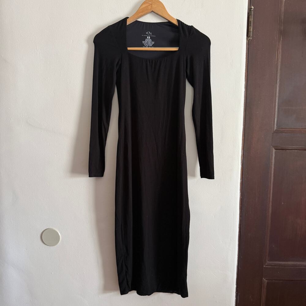KLASSY NETWORK | Black Modal Blend Square Neck Midi Dress Long Sleeve Slit  XS